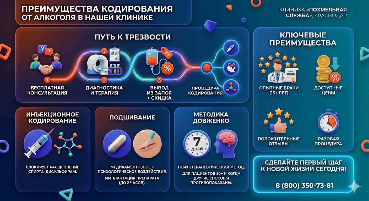 Инфографика о методах кодирования от алкоголя в Холмске: инъекции, подшивание, метод Довженко. Преимущества клиники и этапы лечения.
