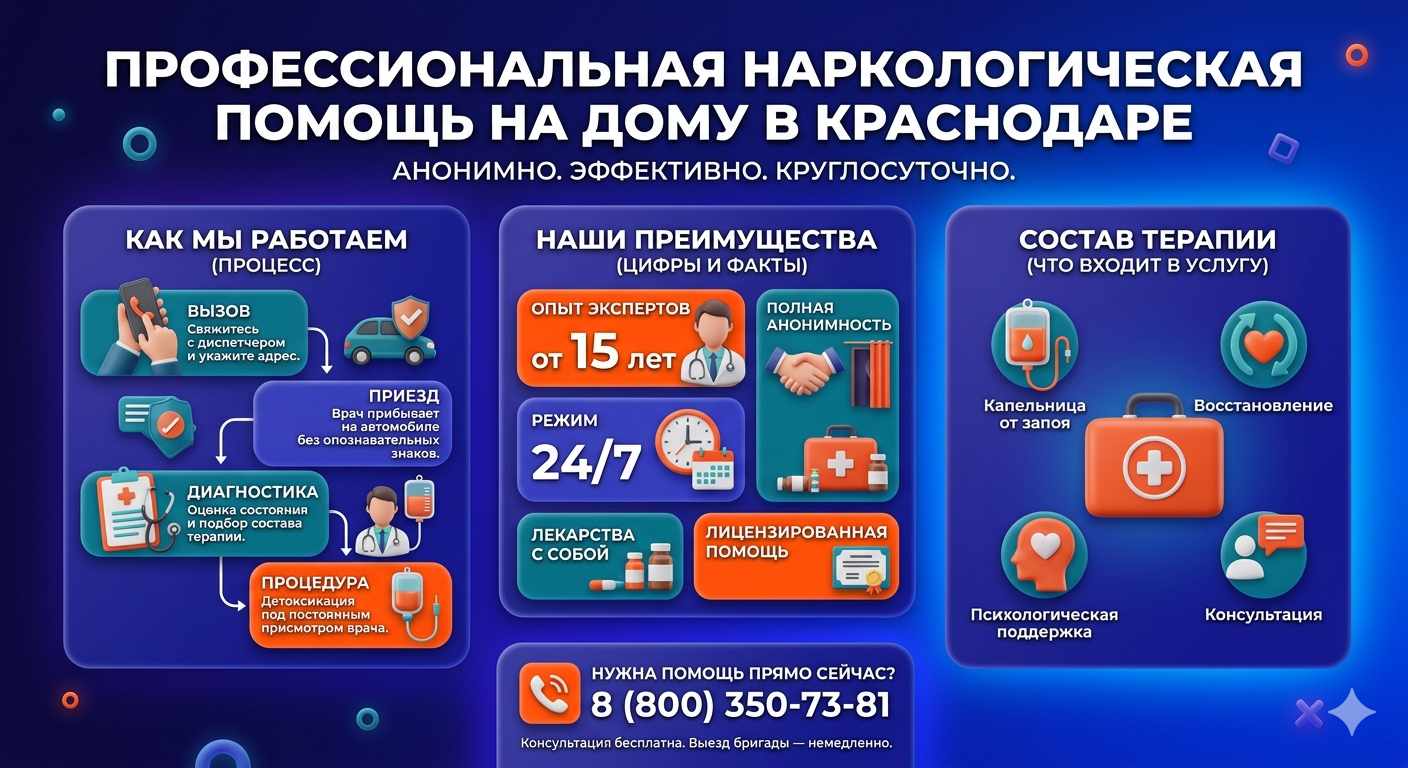 Инфографика о принципах лечения алкоголизма на дому в Холмске: этапы вызова нарколога, преимущества анонимной детоксикации и состав медицинской помощи.